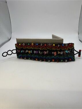 Handmade Artisan Seed Bead Gemstone Cuff Bracelet 7.5” Statement